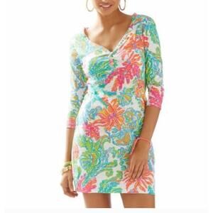 Lilly Pulitzer Palmetto Dress Resort Sz S White Colorful Casa Marina 3/4 Sleeve